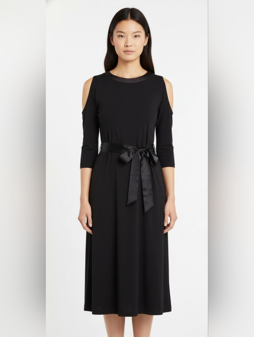 Donna Karan Womens Midi Dress Sz S Cold Shoulder Fabric Tie Waist Black Jersey